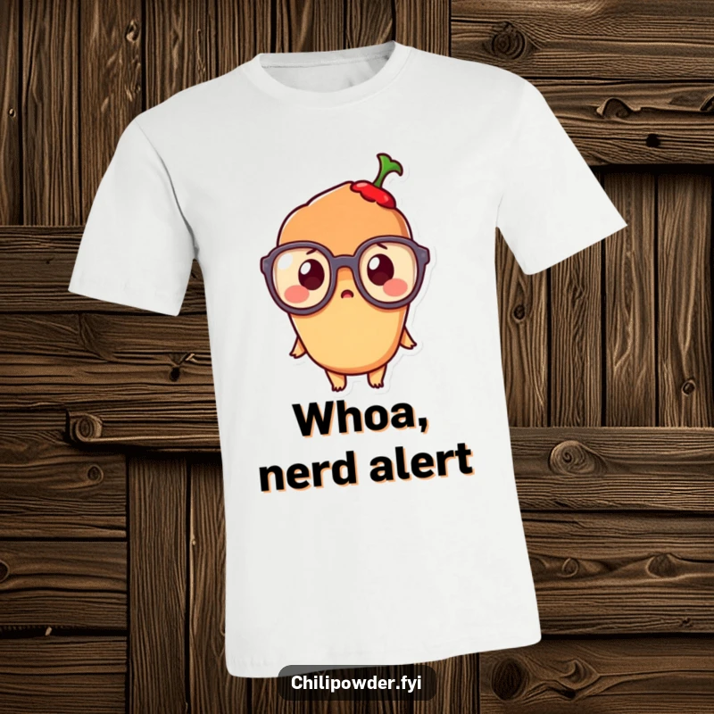 Funny Kawaii Chili Powder T-Shirt: A cute chili powder character with large glasses, eyes wide in surprise, perfect for humor.
