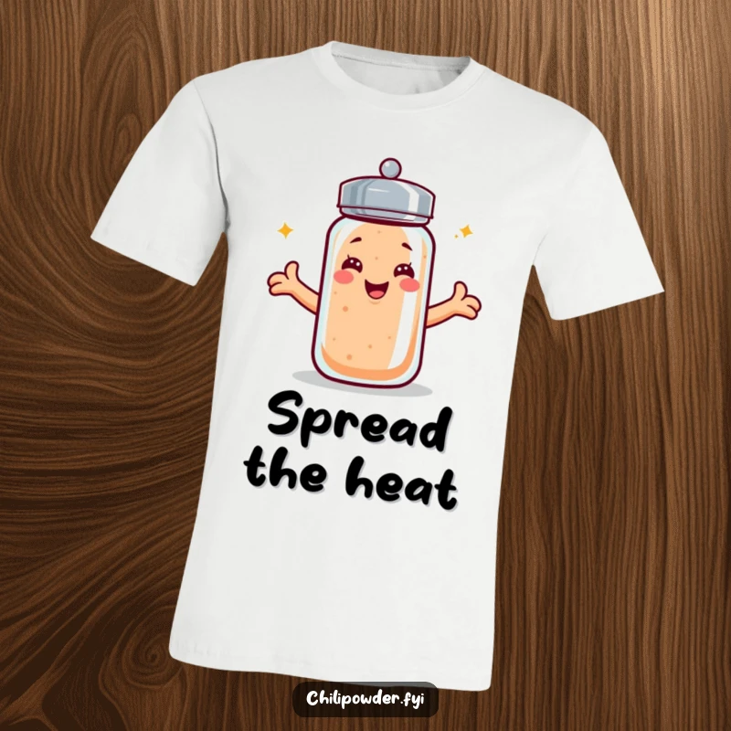Funny kawaii chili powder shaker t-shirt with a beaming smile and arms outstretched, symbolizing warmth and friendliness.