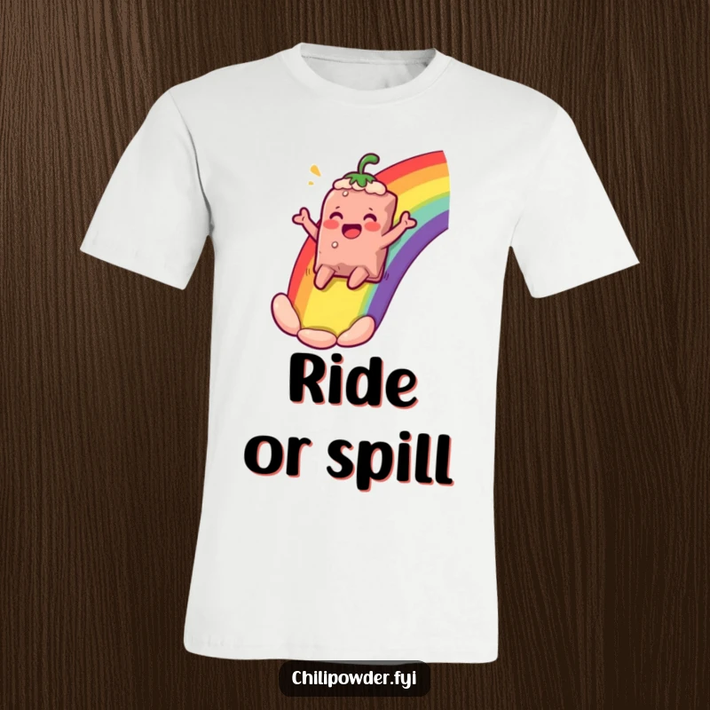 Funny chili powder bag character gleefully sliding down a rainbow, cheering comically, printed on a t-shirt for expressive fun.