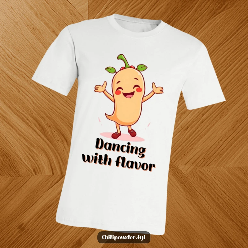 Funny t-shirt featuring a cheerful chili powder character energetically performing a salsa dance, full of spice and rhythm.