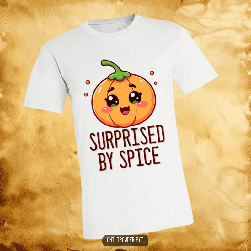 A chili powder character with eyes wide in playful surprise, featured on a funny t-shirt that captures a moment of hilarity.