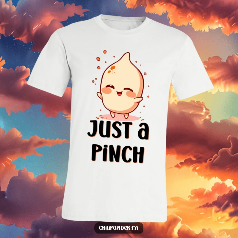 Funny chili powder character winking while sprinkling spice on a t-shirt, looking playful and saucy.