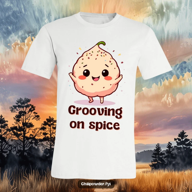 Funny chili powder puff in a silly happy dance, surrounded by sprinkles, on a fun and festive t-shirt.