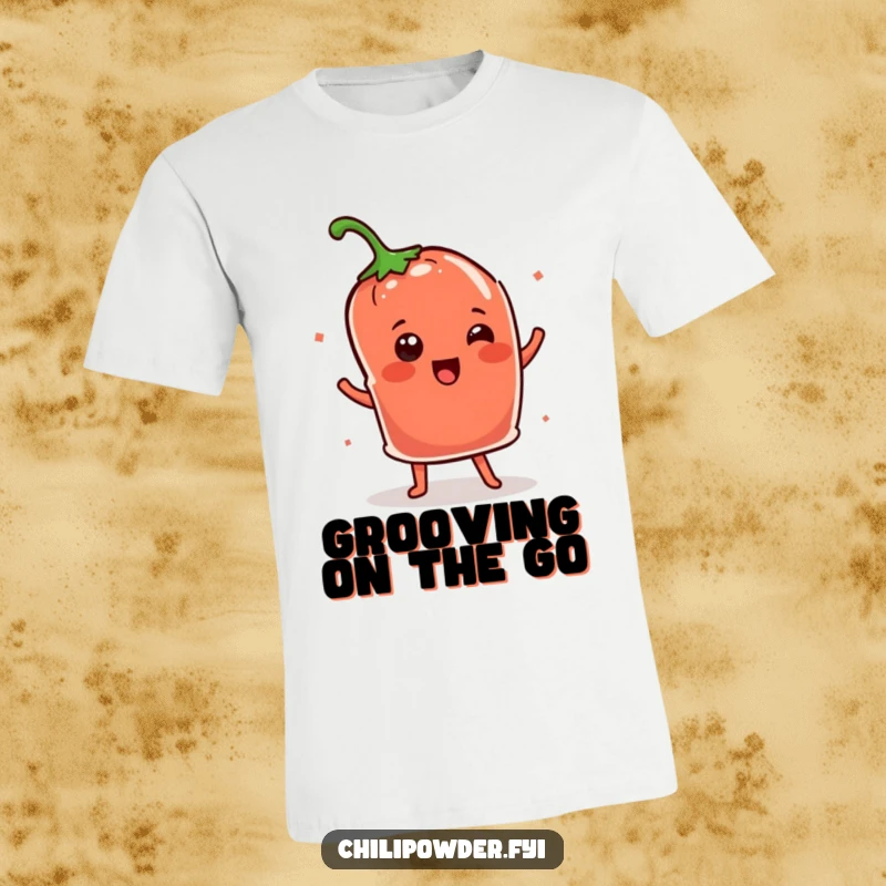 Funny Kawaii chili powder pouch performing a happy shimmy dance, a vibrant and humorous t-shirt.