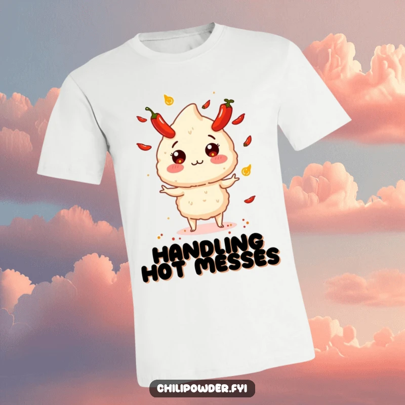 Funny chili powder puff skillfully juggling small, explosive peppers on a t-shirt, depicting a chaotic yet fun scene.