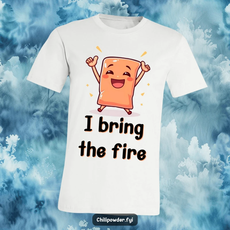 A small, joyous chili powder pouch dances triumphantly with a huge grin on this funny and energetic t-shirt.