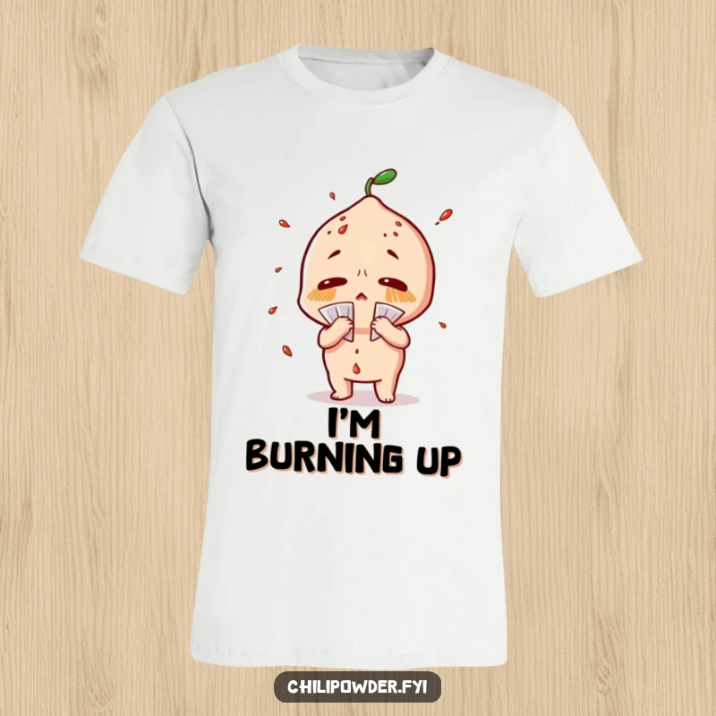Funny chili powder t-shirt showing a character sweating profusely and fanning itself dramatically, indicating extreme heat.
