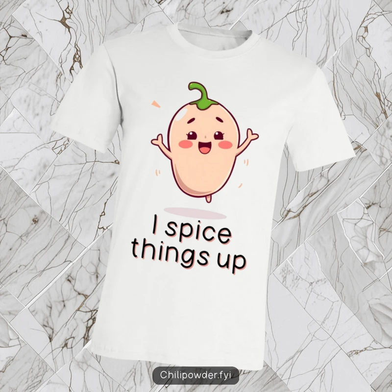 Funny Kawaii Chili Powder T-Shirt: A cute chili character performing a lively shimmy, showcasing its spicy dance moves with joy.