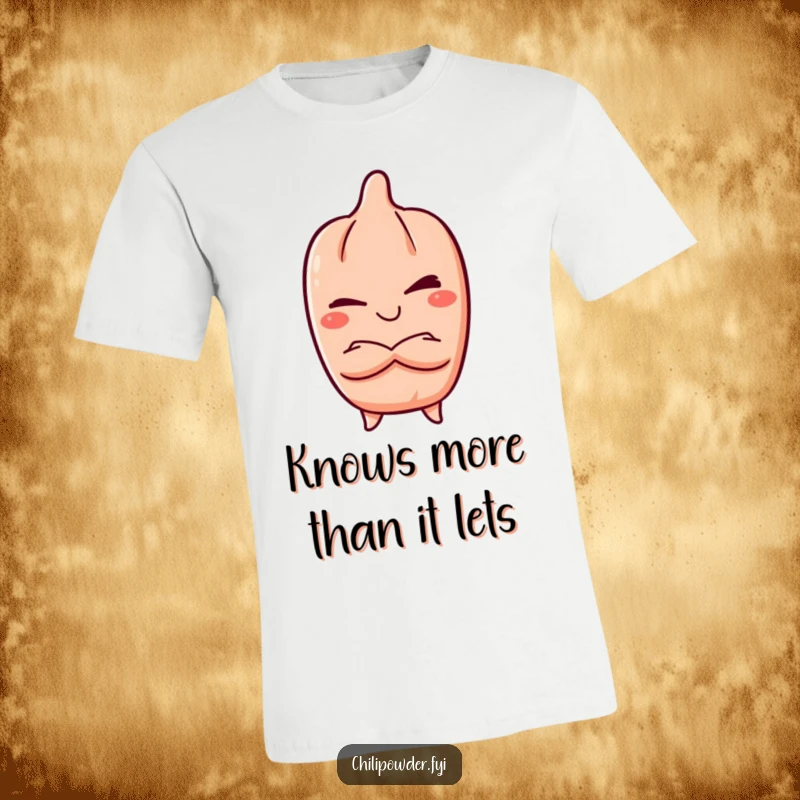 Funny T-Shirt: Kawaii chili powder character winking slyly, arms crossed, with a mischievous grin, exuding cool confidence, a unique apparel gift.