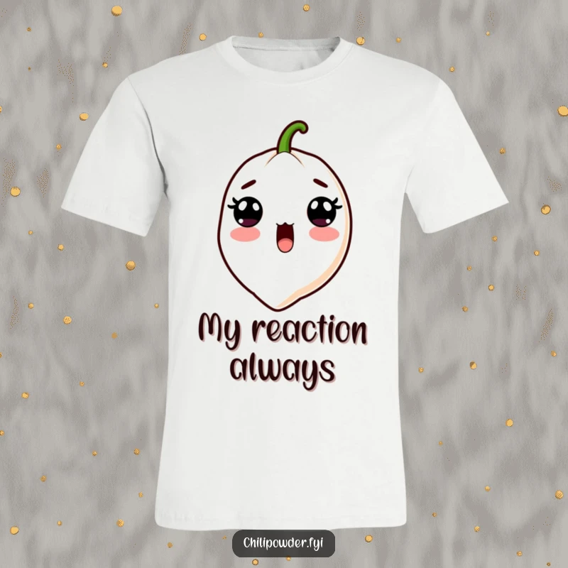 Funny Kawaii Chili Powder T-Shirt - A cute cartoon chili powder character with wide surprised eyes and an open mouth, great for spicy reaction apparel.