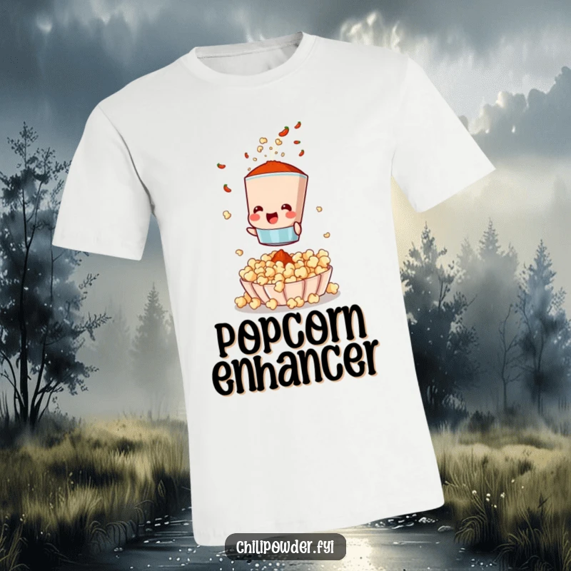 Funny t-shirt depicting a chili powder sifter gleefully shaking spices onto popcorn, celebrating the joy of seasoned snacks.