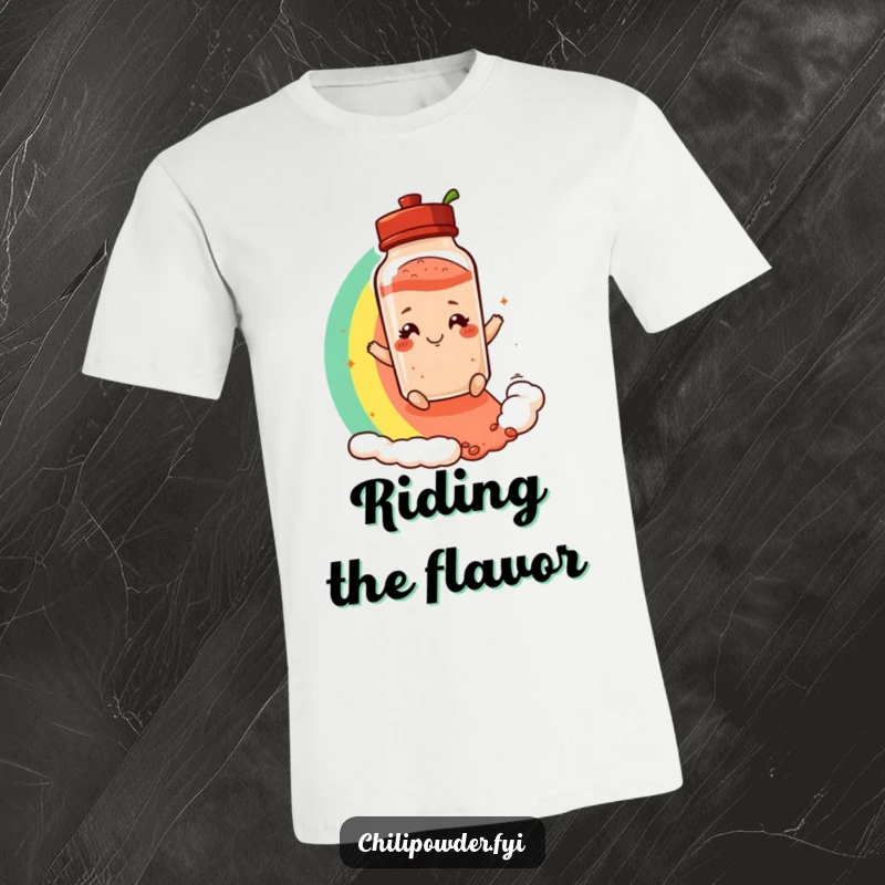Funny t-shirt graphic of a chili powder shaker with a cheeky smirk, happily sliding down a bright, arcing rainbow.