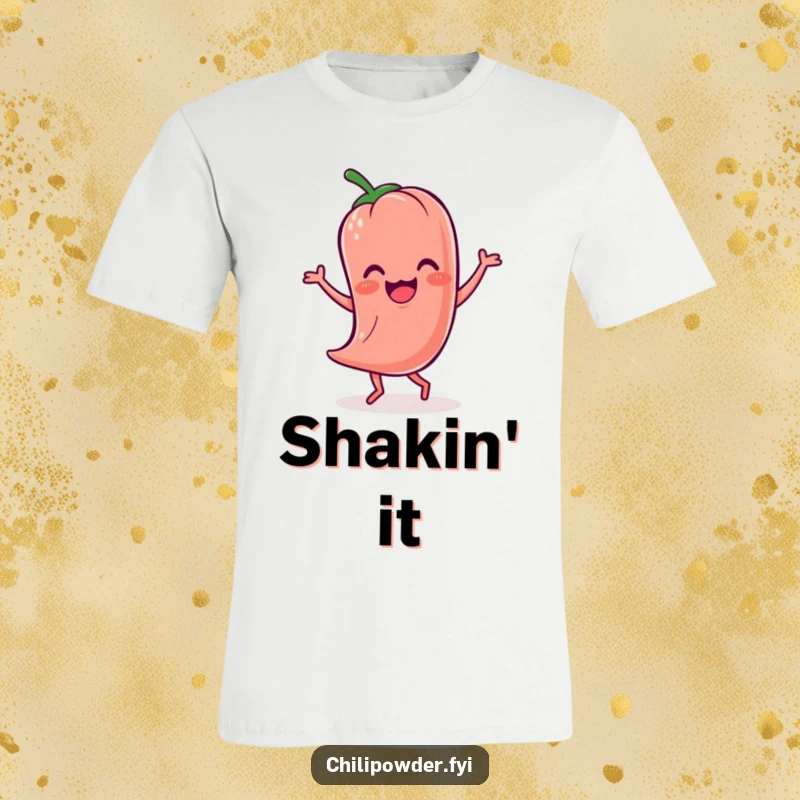 Funny Kawaii chili powder character doing a funny, wobbly jig, showcasing pure joy on a t-shirt.