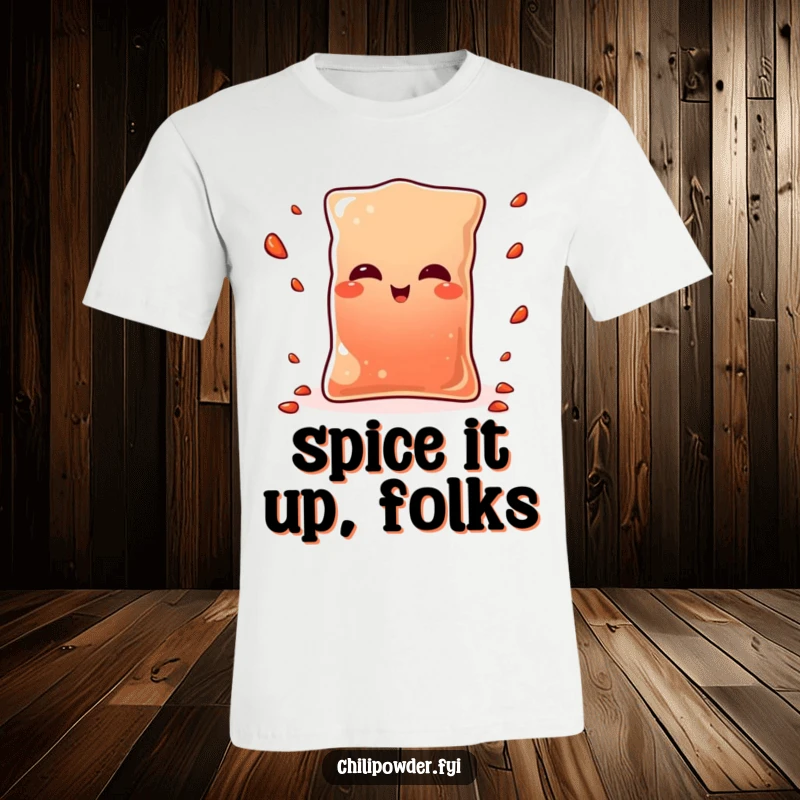 Funny Kawaii chili powder pouch winking mischievously while juggling tiny pepper flakes, a hilarious and vibrant t-shirt design.