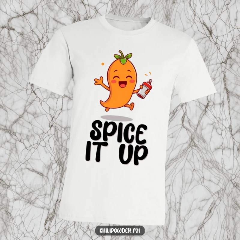 Funny chili powder character leaping with pure excitement, shaking a tiny spice shaker on a t-shirt, expressing a love for heat and vibrant energy.
