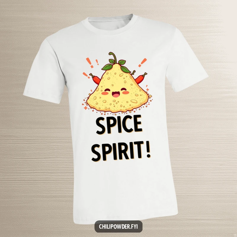 Funny t-shirt depicting a pile of chili powder enthusiastically cheering with tiny exclamation marks, a symbol of spicy excitement.