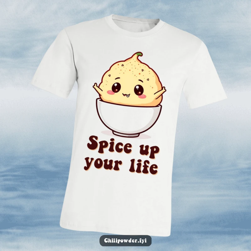 Funny chili powder puff with googly eyes mid-leap on a t-shirt, symbolizing playful energy and spice.