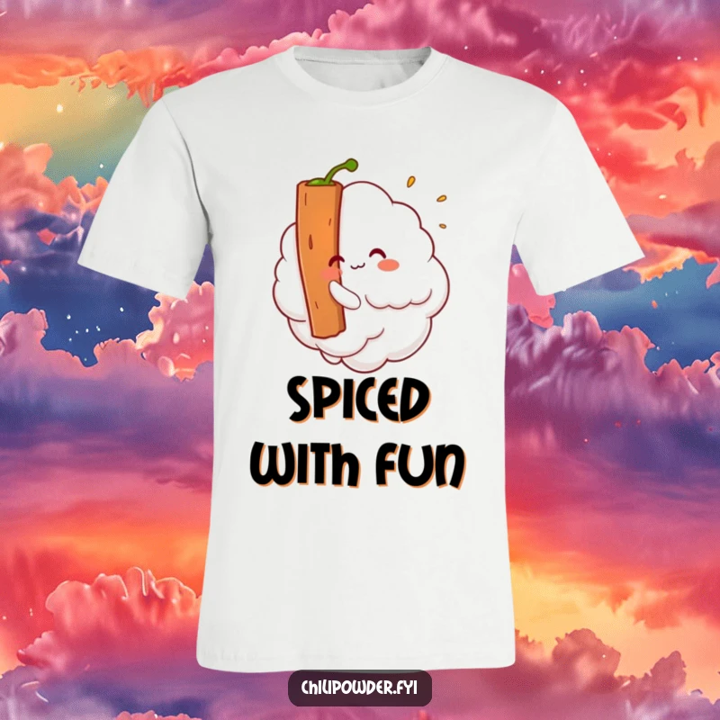 Funny Kawaii chili powder cloud mischievously tickling a giant cinnamon stick, a humorous t-shirt.