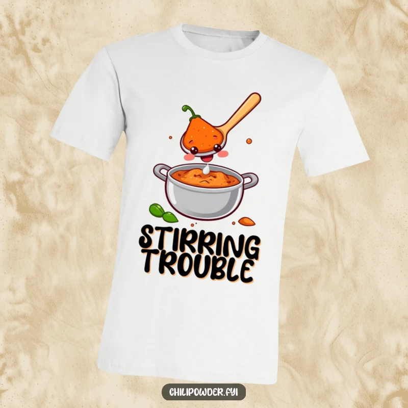 A smiling chili powder spoon stirring a pot filled with joy, on a funny t-shirt that radiates happiness and good humor.