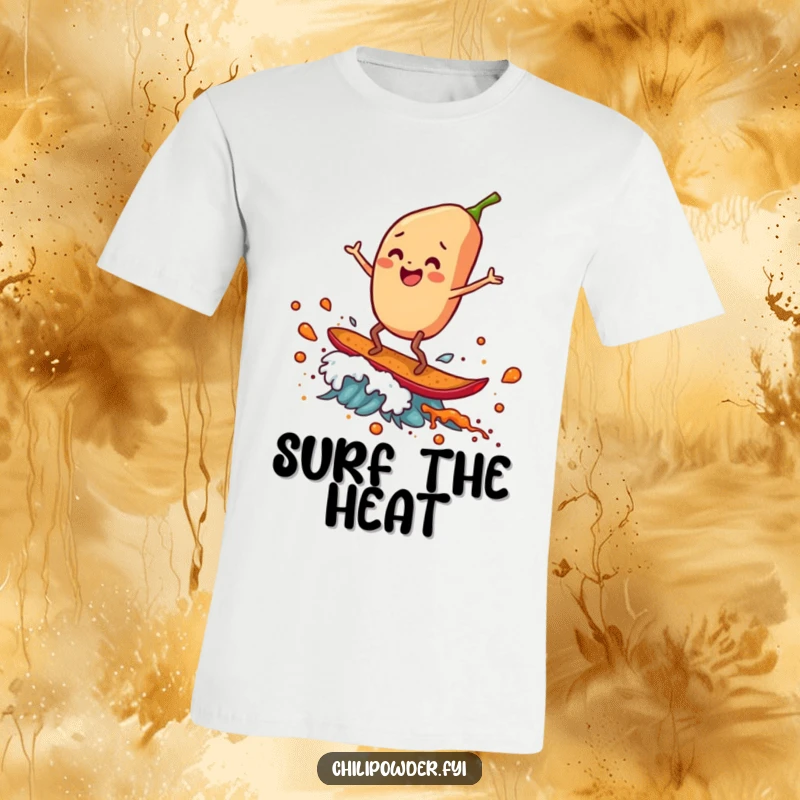 Funny T-Shirt: A single chili powder flake with legs gleefully surfs a spice wave, embodying pure excitement and thrill.