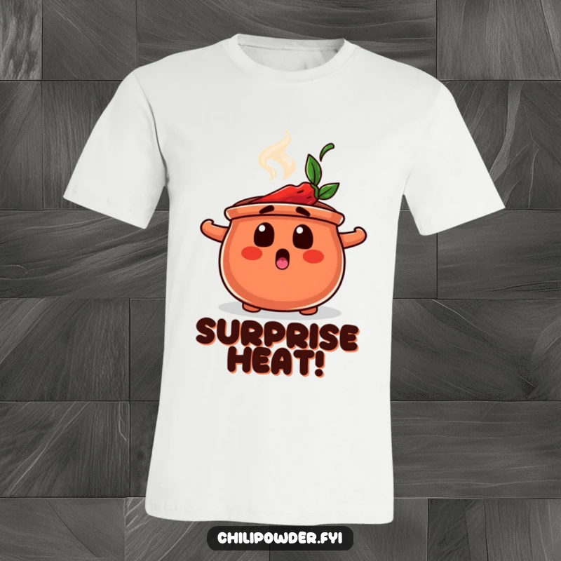 Funny t-shirt featuring a chili powder pot with a shocked expression and steam rising, illustrating a spicy surprise.