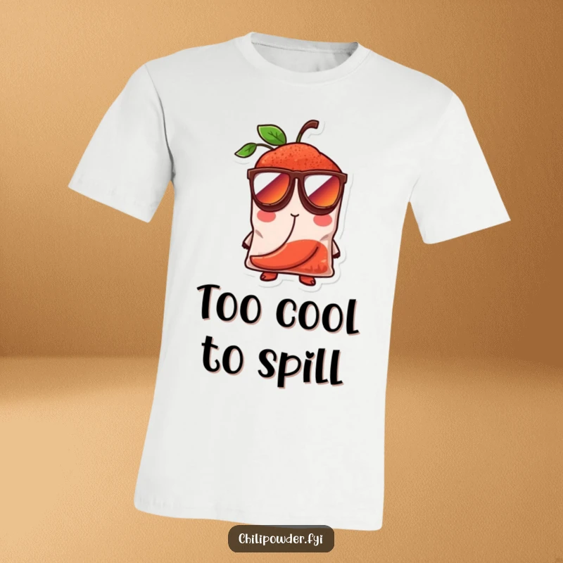 Funny chili powder bag character with oversized sunglasses, exuding cool confidence, printed on a t-shirt for stylish humor.
