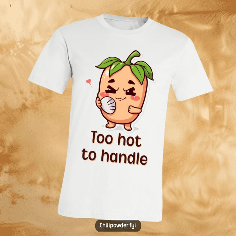 Funny chili powder character with a happy grimace, fanning its face on a t-shirt, expressing a delightful struggle with intense spice.