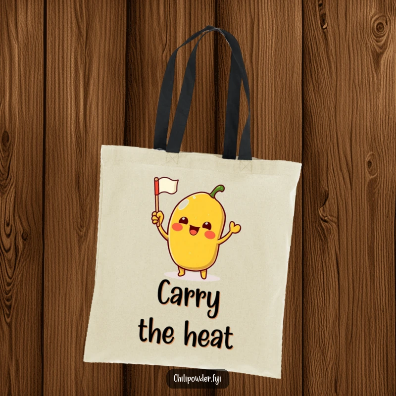 Funny Tote Bag with an excited kawaii chili powder character waving a miniature flag, ideal for carrying essentials with flair.