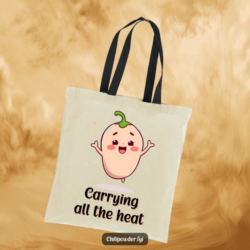 Funny Kawaii Chili Powder Tote Bag: A cute chili character grooving with a shimmy, perfect for carrying your stuff with spice.