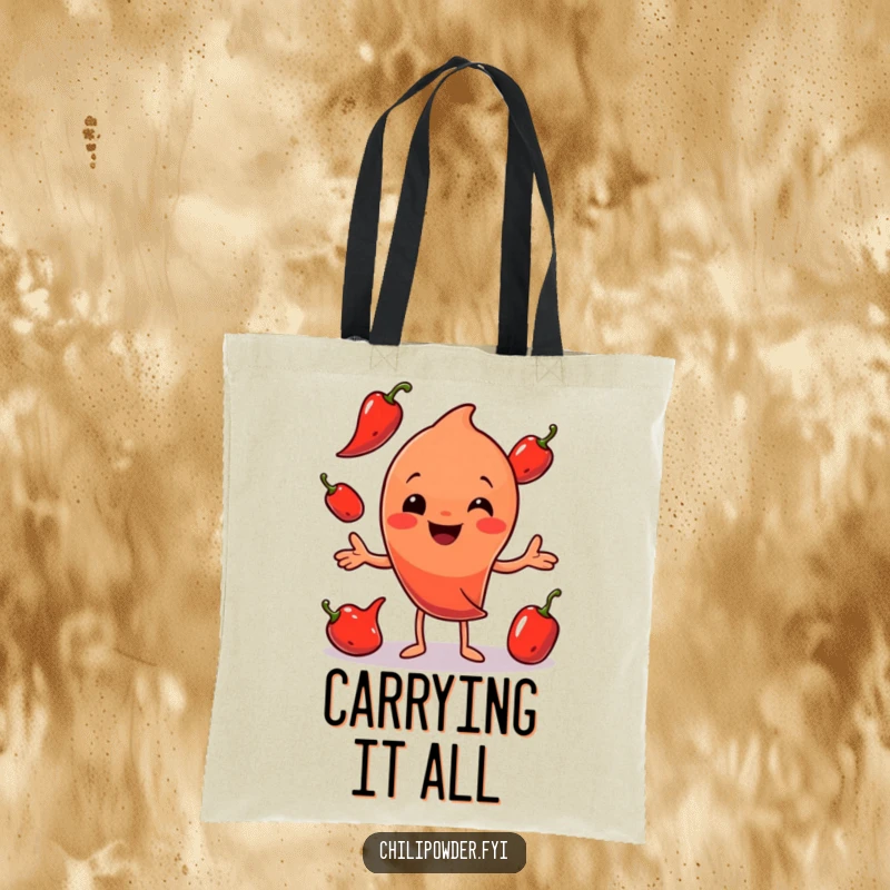 Funny Chili Powder Juggling Tote Bag: A cheerful chili powder character juggling peppers, designed for carrying essentials with humor.
