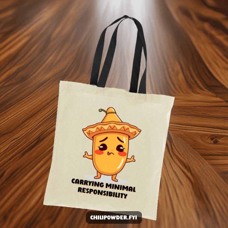 Funny Tote Bag: Kawaii chili powder character with a tiny sombrero, comically shrugging, showing off a funny, versatile accessory for everyday use.