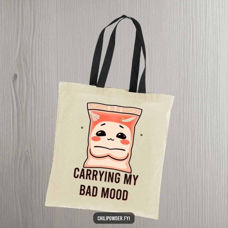 Funny chili powder tote bag with a spice bag character making a pouting face with crossed arms, ideal for carrying items with sass.