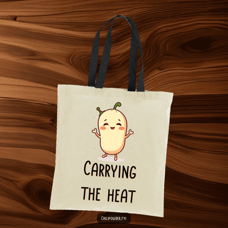 Funny tote bag depicting a chili powder character in a joyful jig, ideal for carrying groceries with a side of spice-fueled laughter.