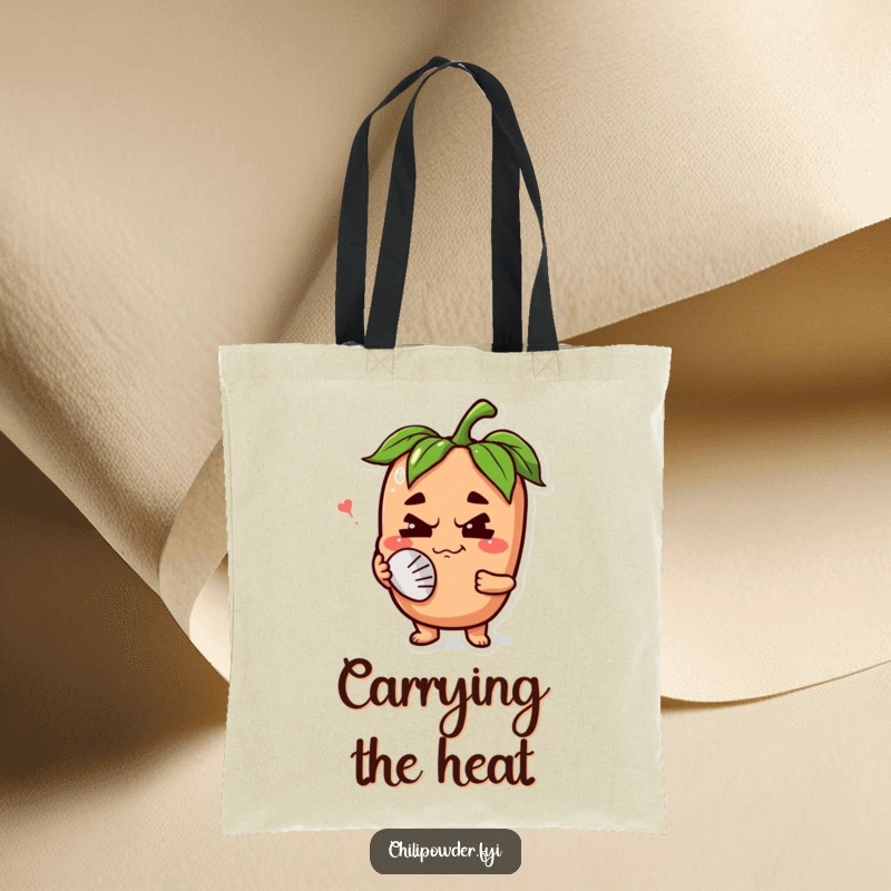 Funny chili powder character with a happy grimace, fanning its face on a tote bag, ideal for carrying necessities with a humorous nod to spicy food.