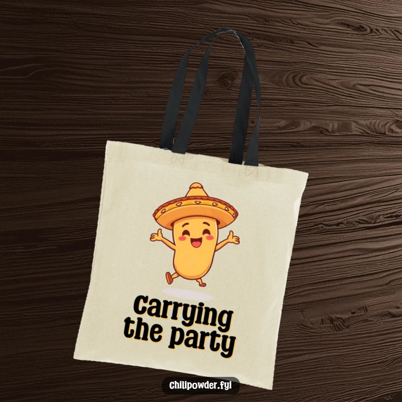 Funny chili powder character wearing a little sombrero, dancing wildly on a tote bag, ideal for carrying party supplies with a festive vibe.