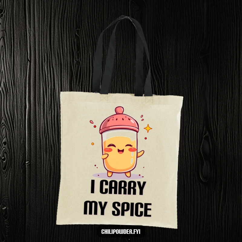 Funny chili powder shaker winks while spicing itself up, printed on a practical and humorous tote bag.