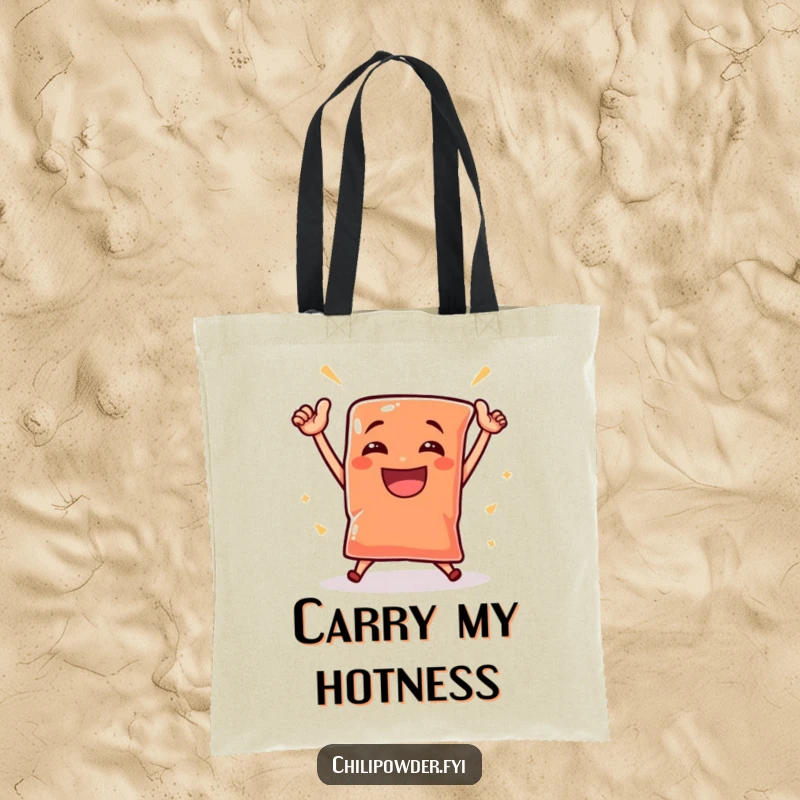 Funny, triumphant chili powder pouch dances victoriously on a practical and humorous tote bag, ready for any outing.