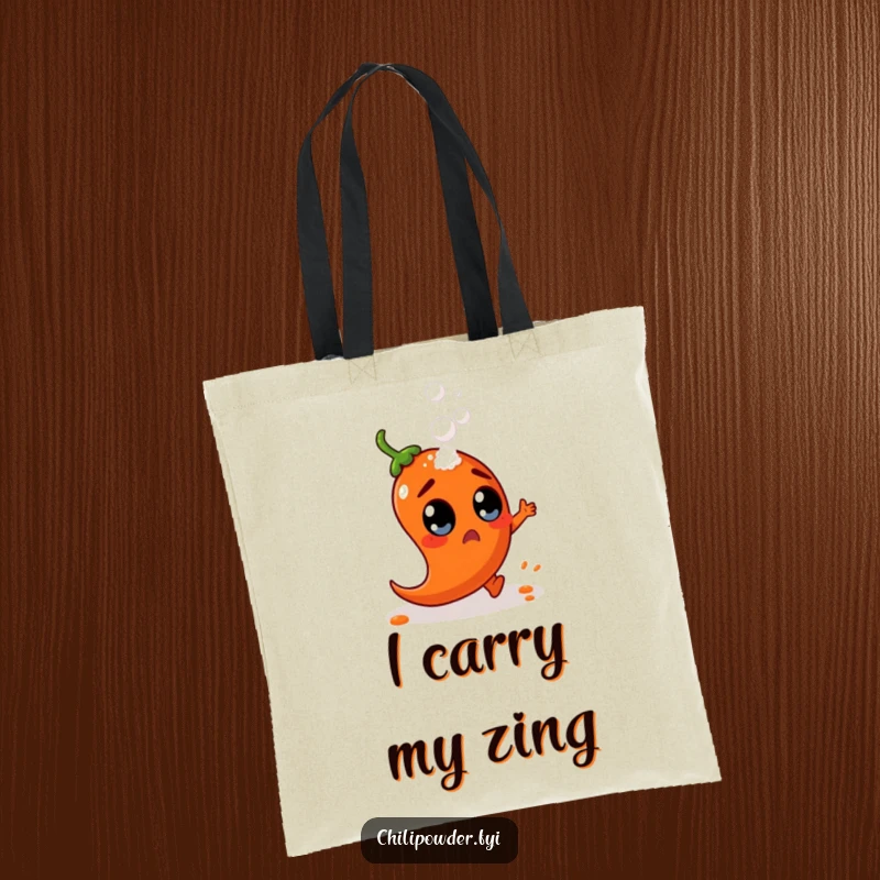 Funny chili powder character with wide, surprised eyes dodges a falling salt shaker on a practical and humorous tote bag.