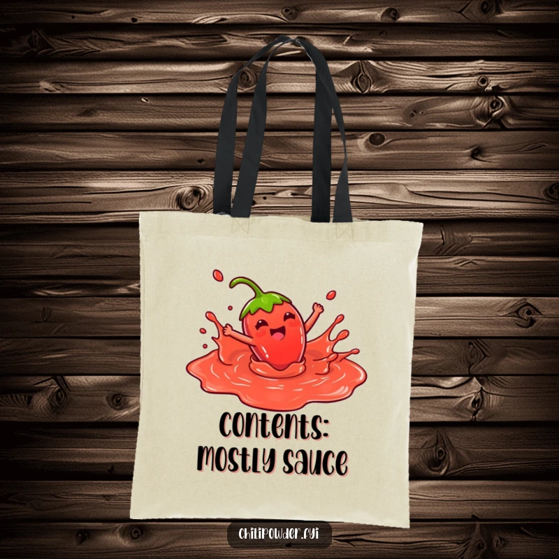 Funny Tote Bag: Kawaii chili powder character joyfully splashing in a red sauce puddle, showcasing a vibrant and fun design, a practical and humorous gift.