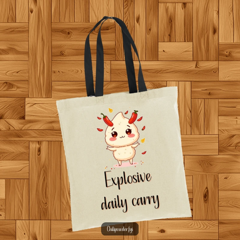 Funny chili powder puff juggling tiny exploding peppers, depicted on a durable and stylish tote bag.