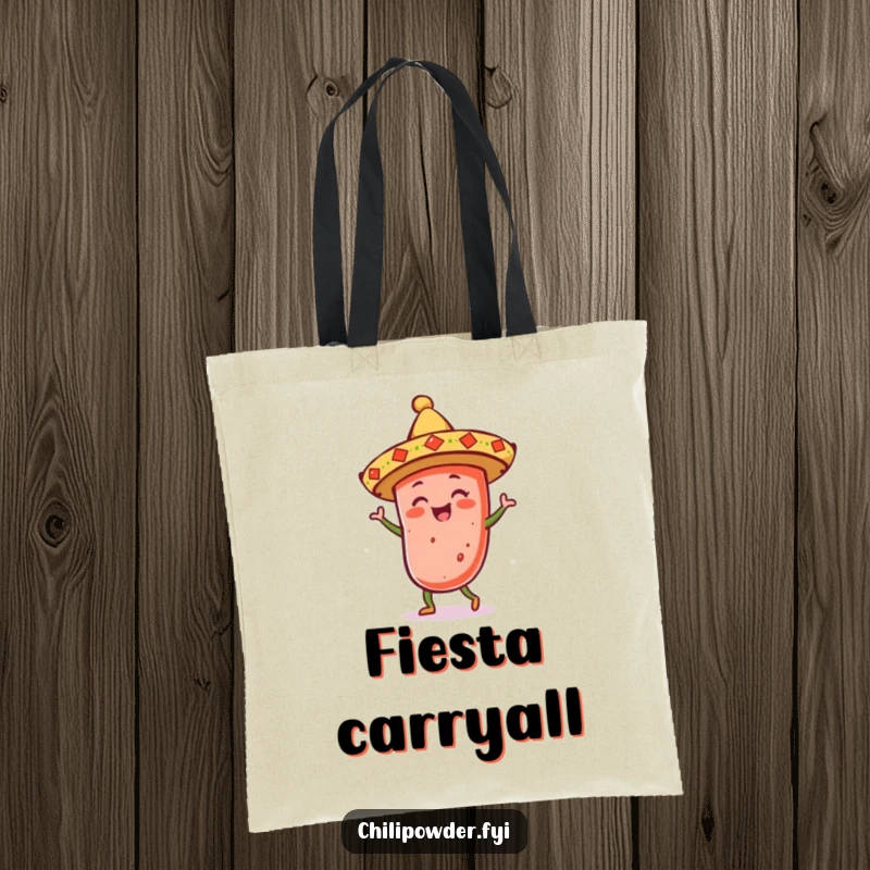 Funny kawaii chili powder wearing a sombrero, dancing merrily, making this tote bag perfect for carrying party essentials.