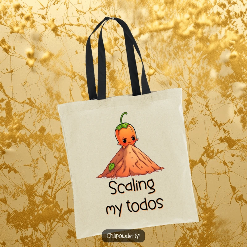Funny Tote Bag: A determined chili powder element character scales a tiny pepper mountain, perfect for daily use and inspiration.