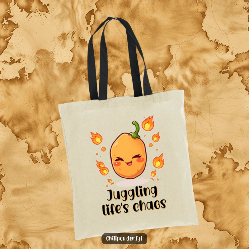 Funny tote bag with a winking chili powder grain expertly juggling miniature flame icons, a bold accessory.