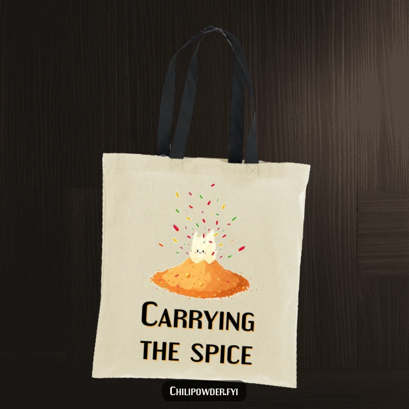 Funny chili powder exploding in a cloud of confetti, featured on a durable tote bag for a stylish, humorous look.