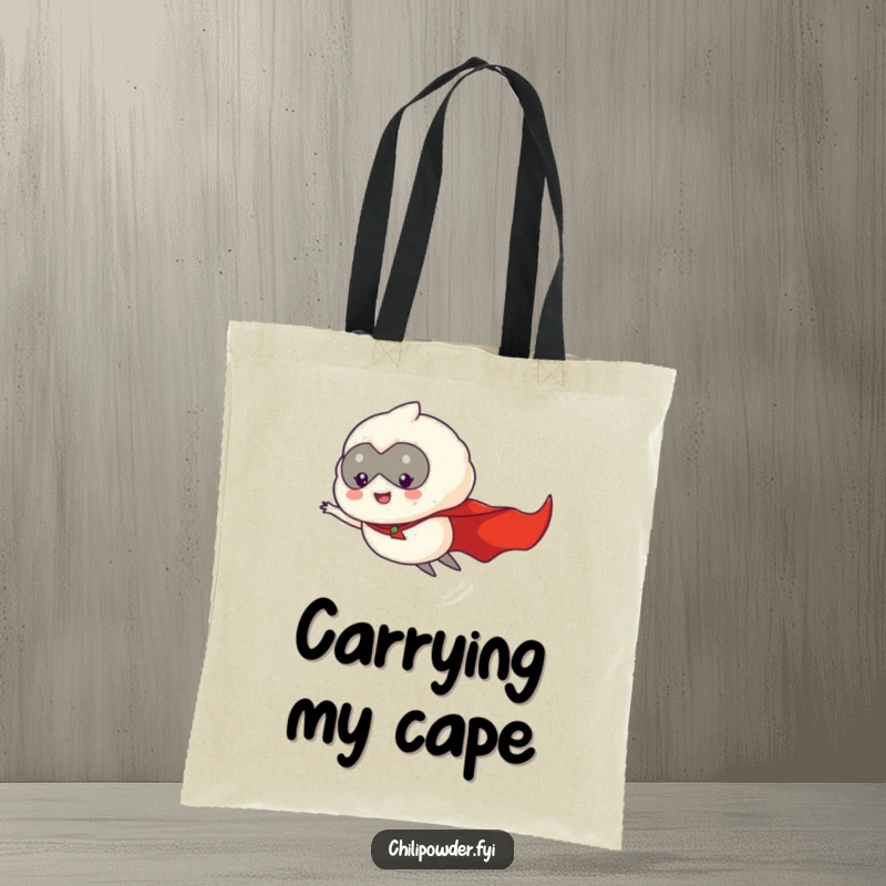 Funny chili powder puff hero, wearing a cape and flying, depicted on a durable and stylish tote bag.