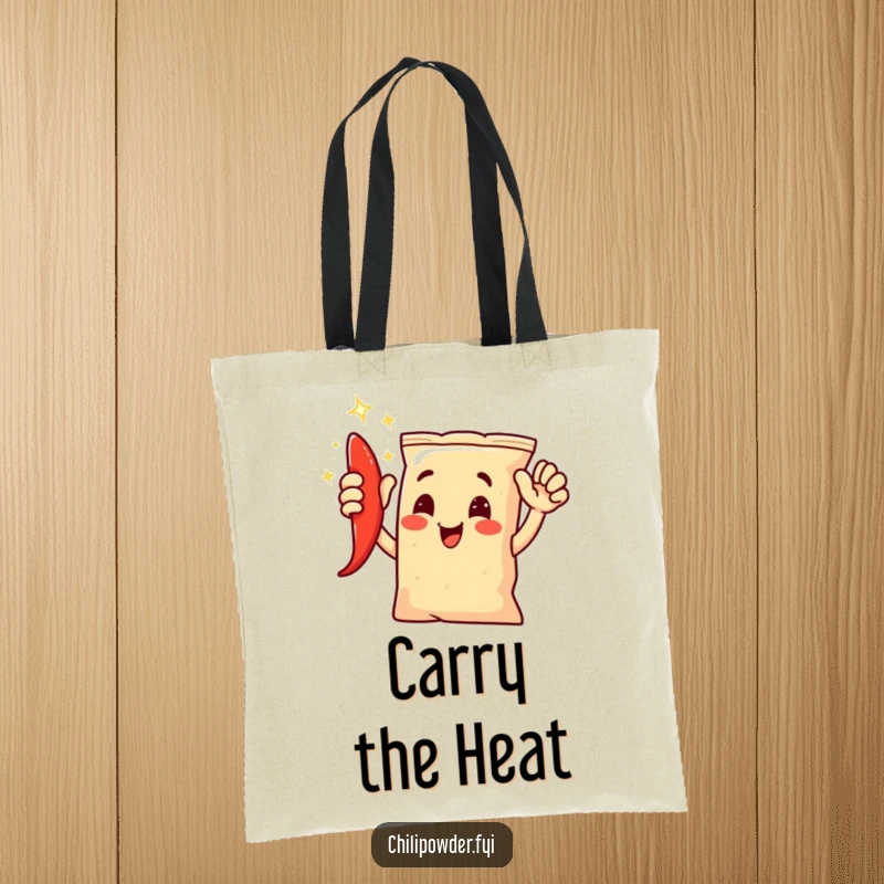 Funny chili powder bag character joyfully high-fiving, with a shimmering effect, on a practical tote bag.