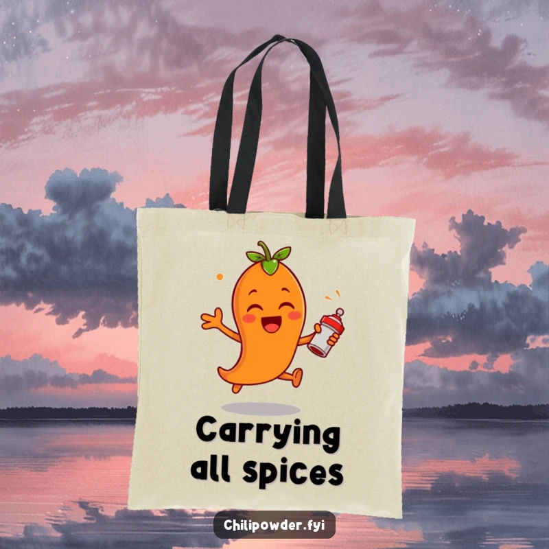 Funny chili powder character leaping with excitement, shaking a tiny spice shaker on a tote bag, ideal for carrying essentials with a spicy flair.