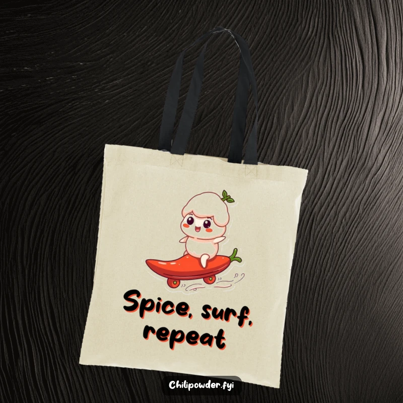 Funny chili powder puff riding a pepper like a surfboard, featured on a durable tote bag, ready for adventure.