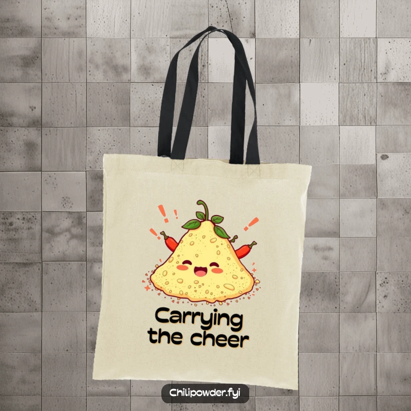 Funny tote bag with a pile of chili powder characters cheering with exclamation marks, perfect for carrying items with a spirited flair.