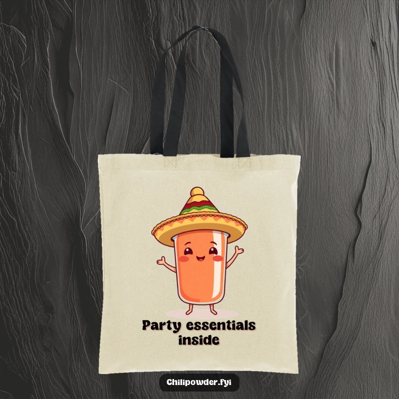 Funny chili powder container in a sombrero dancing samba on a tote bag, perfect for festive errands.